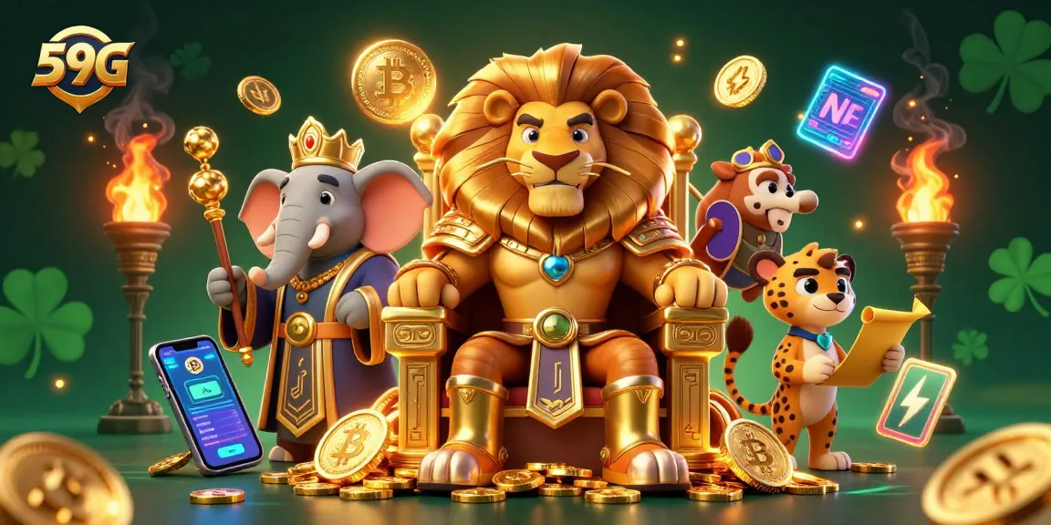 Engage with 59G's thrilling casino environment featuring a royal lion king, vibrant 3D gold coins, and dynamic blockchain elements.