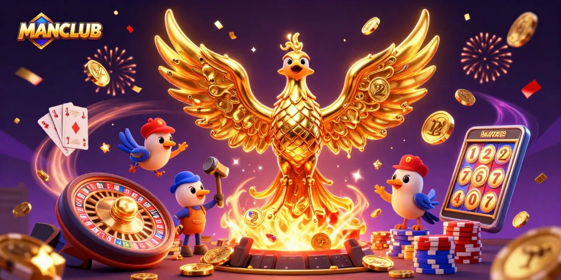Engage with MANCLUB's thrilling gaming experience featuring a molten phoenix and dynamic casino elements.