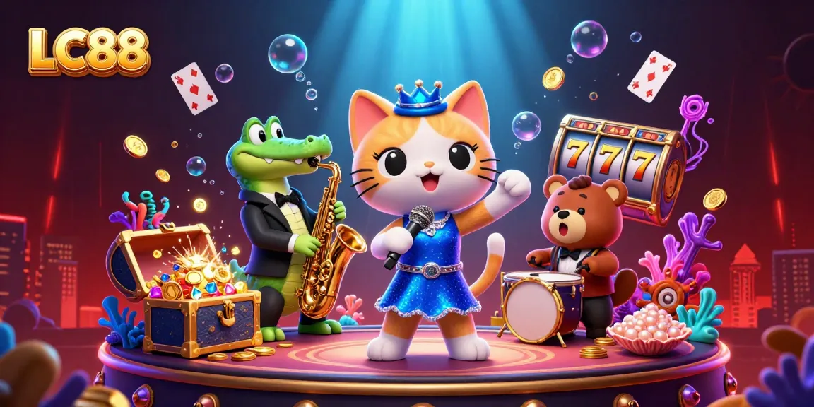 LC88 presents lively gaming fun with a singing cat, crooning on stage amid colorful casino elements
