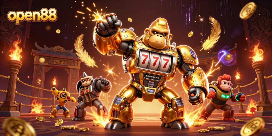 Experience thrilling play at open88 with a dynamic golden gorilla mech and vibrant casino elements.