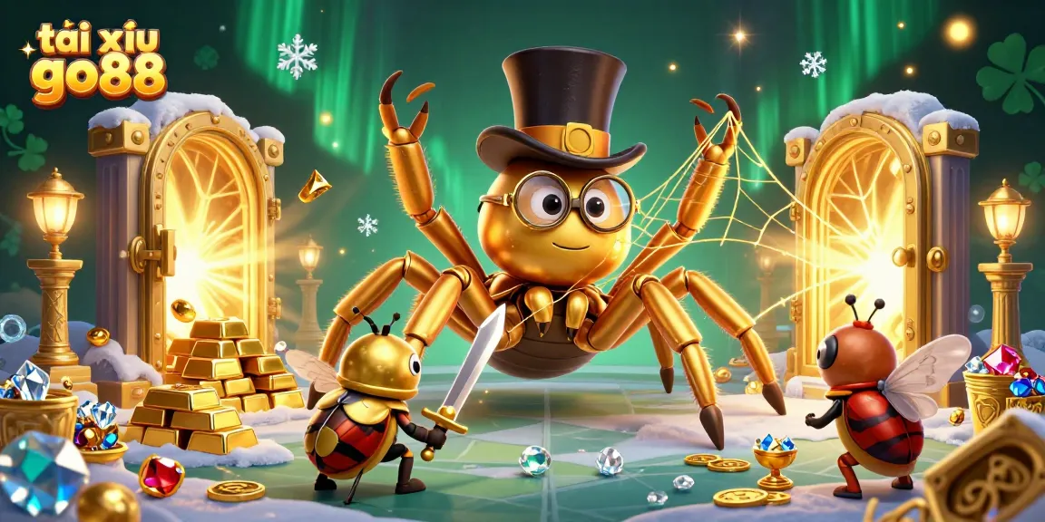 Tai xỉu go88 showcases an epic scene with a golden tarantula and beetle knight amid treasures and casino elements.