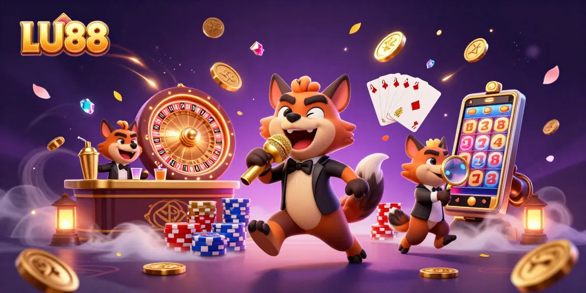 LU88 comedy casino scene with hyenas, gold coins, and roulette wheels, illustrating vibrant gaming action.