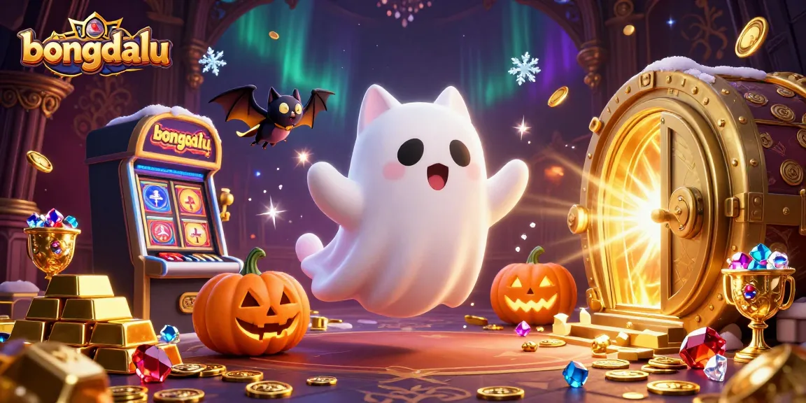 Bongdalu ghost cat navigates a haunted casino filled with shimmering treasures and slot machines.