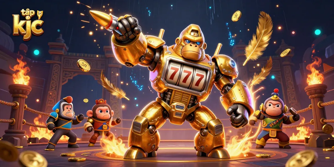 Engage with the exciting gameplay of tập đoàn kjc, featuring dynamic 3D elements of a golden gorilla mech in a vibrant casino scene.