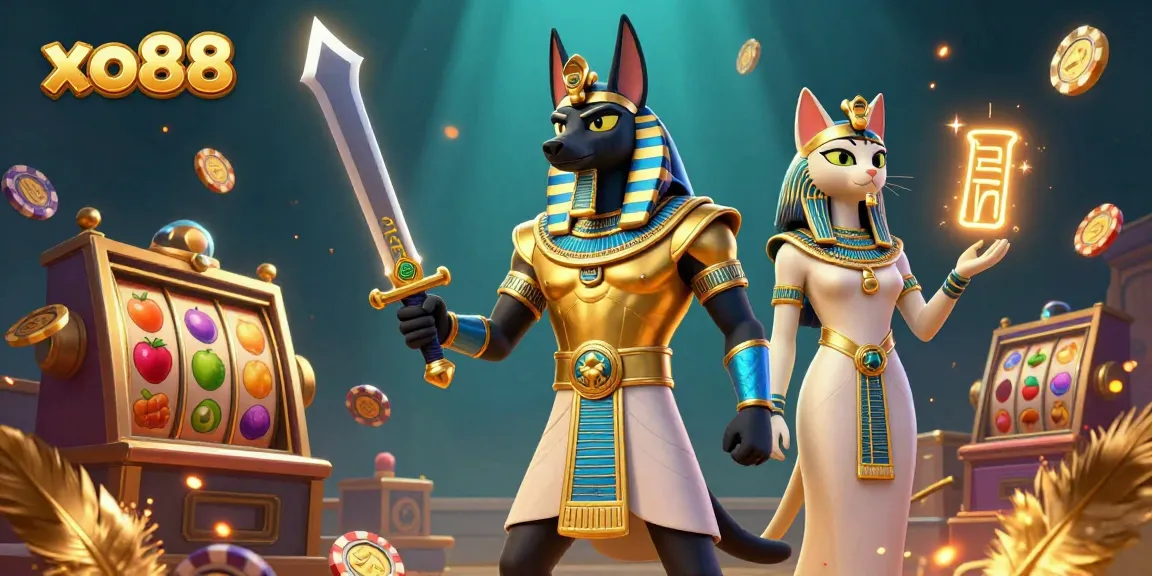 Engage with the exciting casino experience at xo88 featuring Anubis and Bastet amidst vibrant slot machines and jackpot elements.