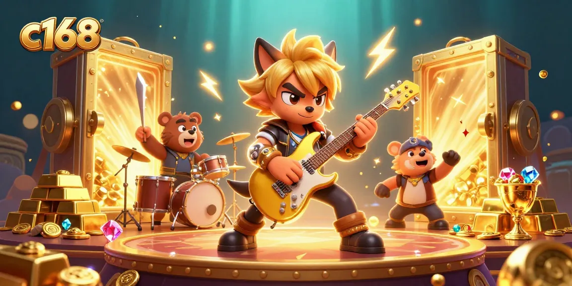 Experience the excitement of c168 as a rock star wolf shreds guitar on a dynamic casino stage.