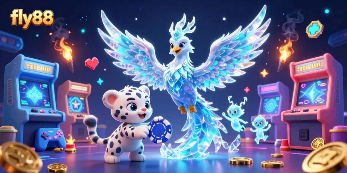 Experience thrilling wins at fly88 with a colorful 3D casino illustration, showcasing vibrant gaming elements and engaging characters.