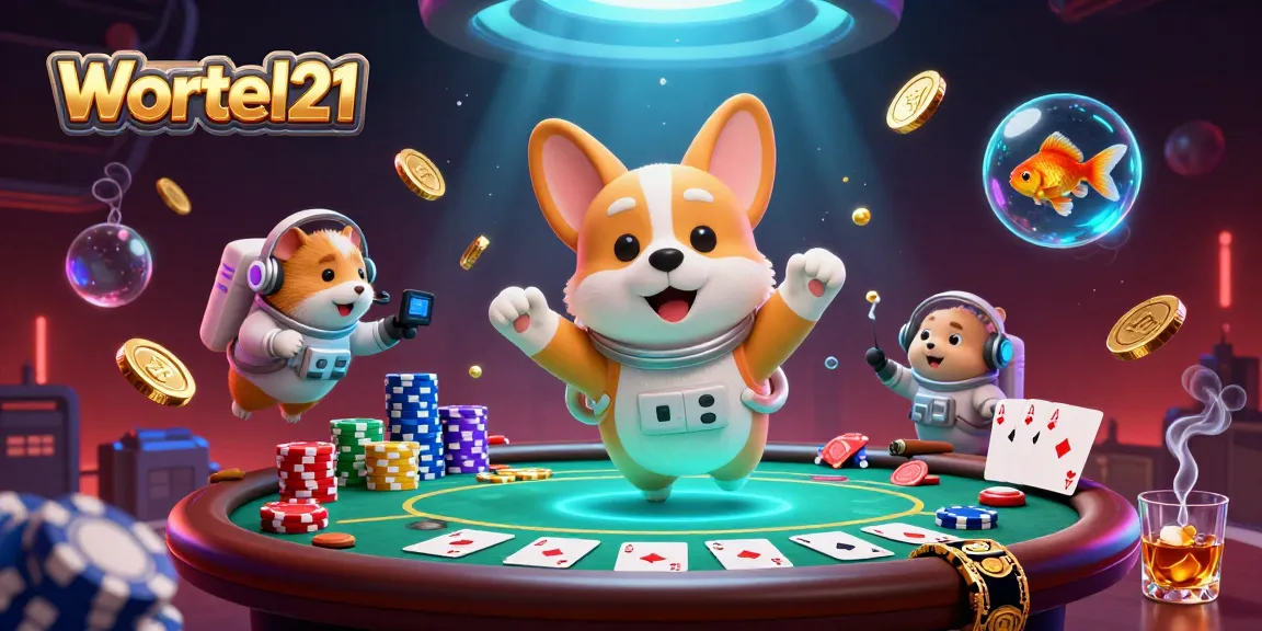 Wortel21 promotes thrilling poker in a vibrant space casino surrounded by floating coins and chips.