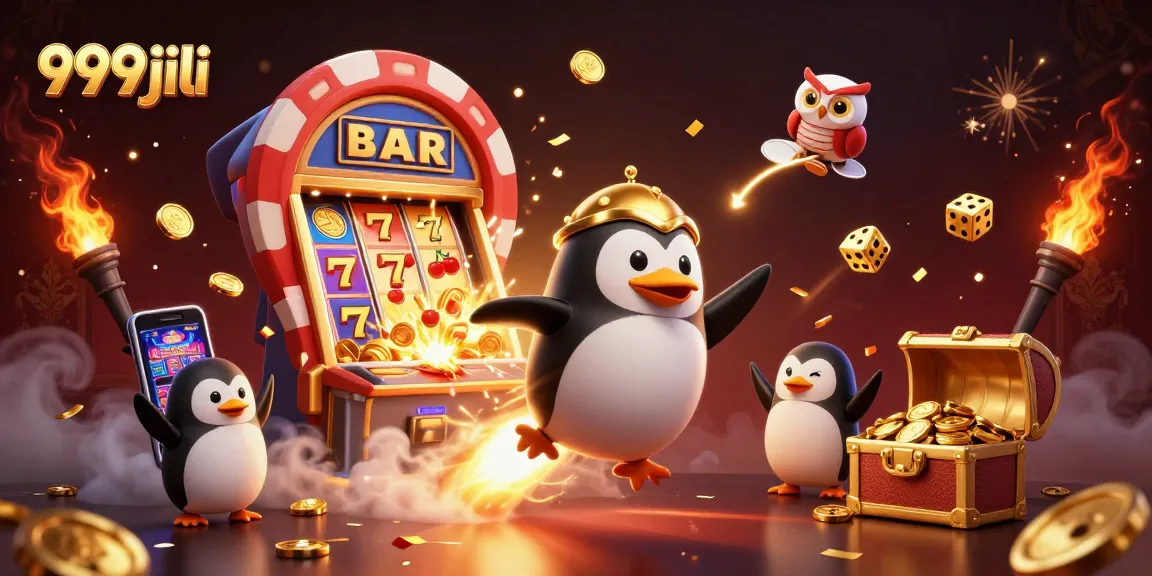 Play with 999jili as a golden penguin soars past a casino space station amid slot machine confetti.