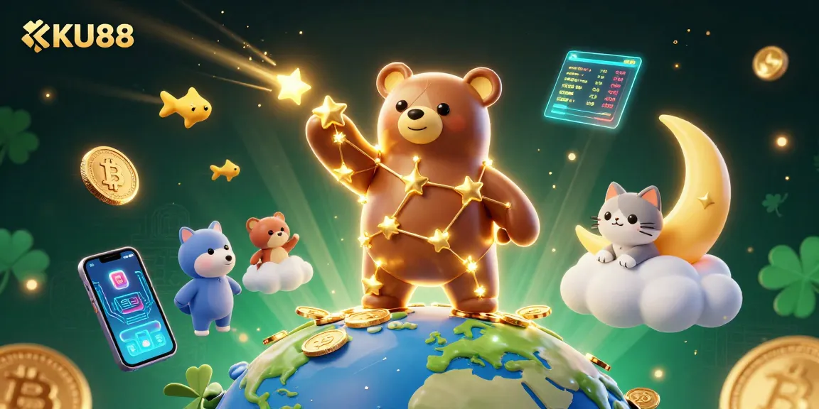 Claim rewards at KU88 with a vibrant 3D casino scene full of dazzling coins and characters.