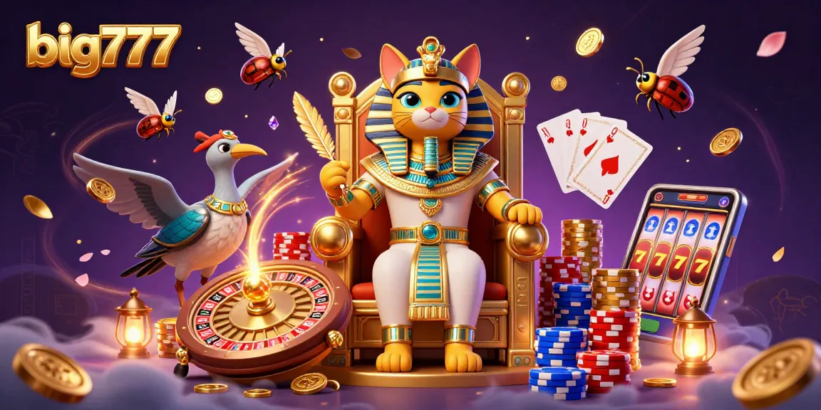 Spin big777 reels with enchanting pharaoh cat & scribe amidst sparkling casino treasures.