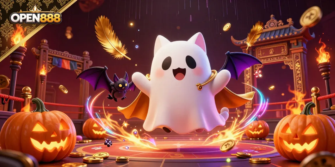 Take a gamble with OPEN888 in a vibrant casino scene featuring a ghost cat and vampire bat.