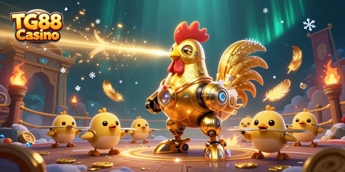 Experience thrilling action at TG88 Casino with a golden rooster robot and baby chick drones amidst vibrant gambling elements.