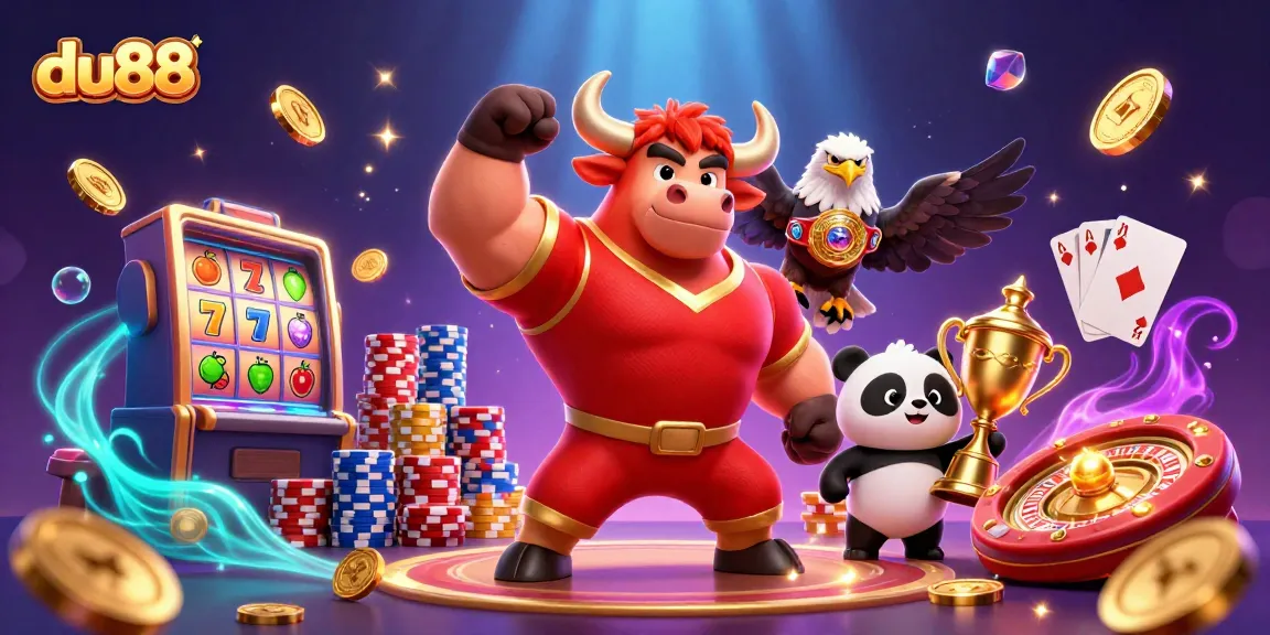 Join the fun at du88 with a vibrant scene of animated characters celebrating a big win.