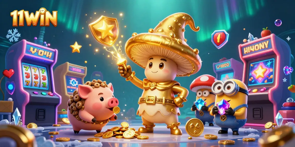 Experience adventure in 11WIN casino with magic characters, slot reels, and treasure.
