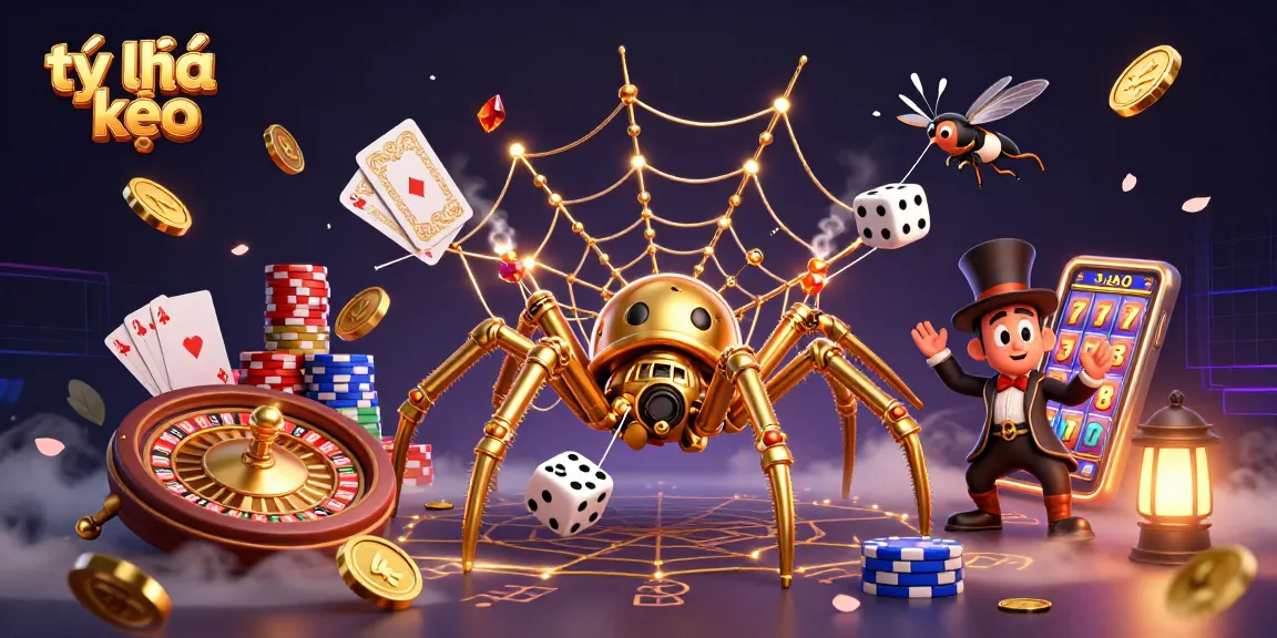 Experience the thrilling tỷ lệ kèo action with a steampunk spider and golden web in a casino-themed setting.