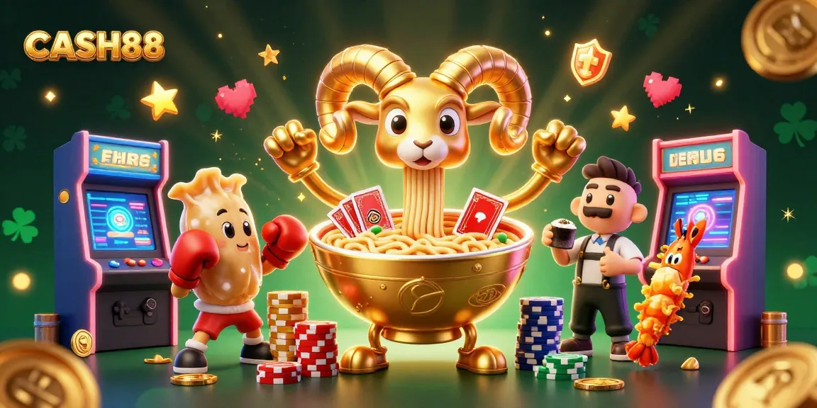 CASH88 showcases an exciting scene with a golden ramen bowl character dealing cards in a vibrant online casino atmosphere.