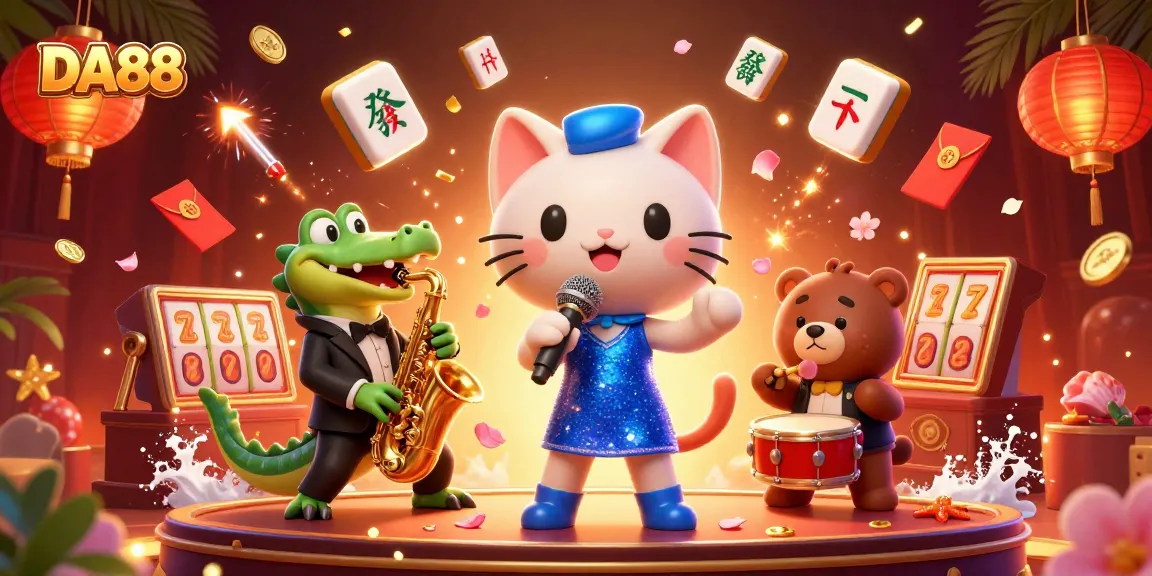 Engage with DA88 in a vibrant casino environment featuring musical animals, mahjong tiles, and dynamic game elements.