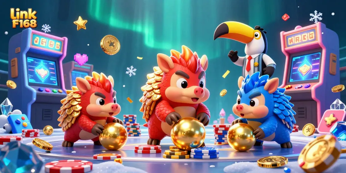 Enjoy a vibrant and rich gaming experience with link F168, featuring cartoon pangolins amidst casino excitement.