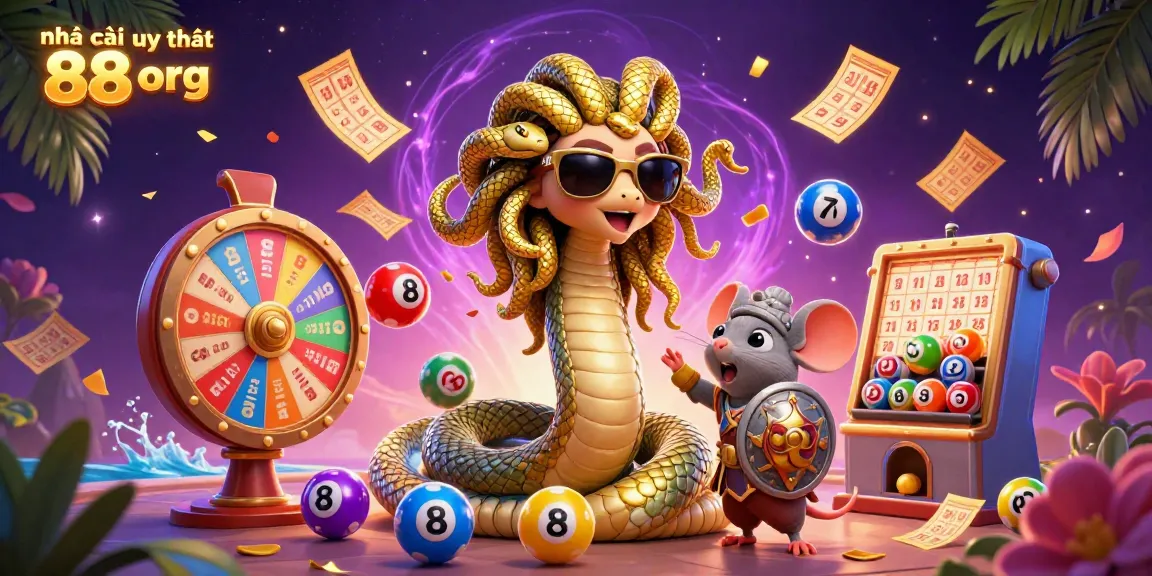 Engage in gameplay action at nhà cái uy tín 88 org, featuring Medusa and a warrior mouse amidst vibrant lottery balls and excitement.