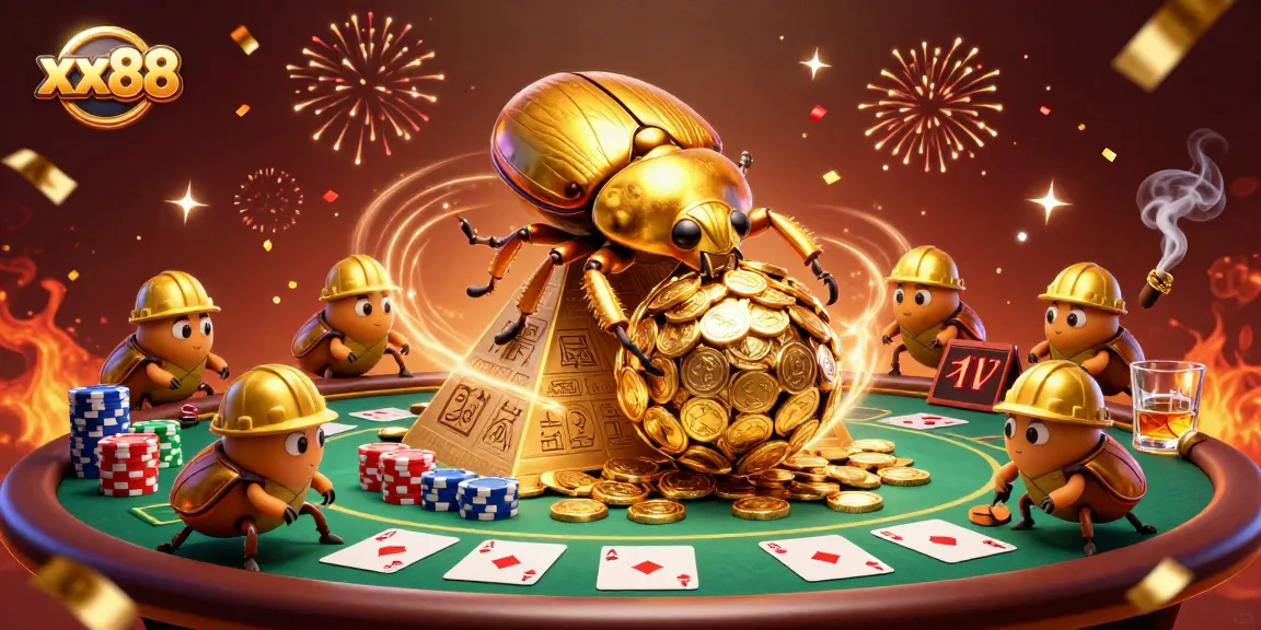 Spin to win at xx88 with golden beetles and poker elements in a dynamic casino illustration.