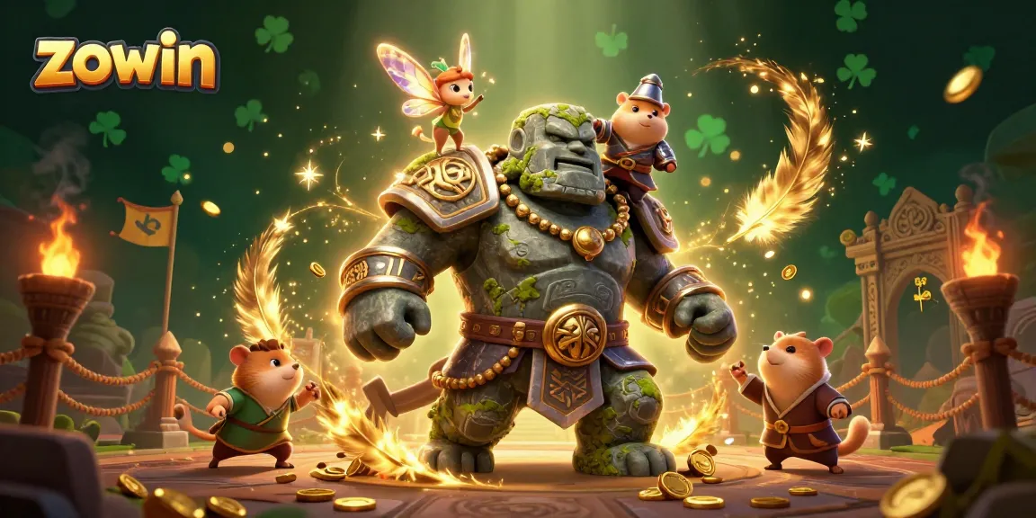 Zowin engages players with a vibrant, magical illustration showcasing a dynamic 3D golem and enchanting characters in a thrilling gambling scene.