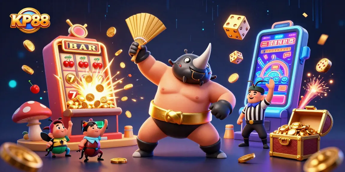 KP88 players enjoying thrilling animated gameplay amidst explosive jackpots and vibrant casino elements.