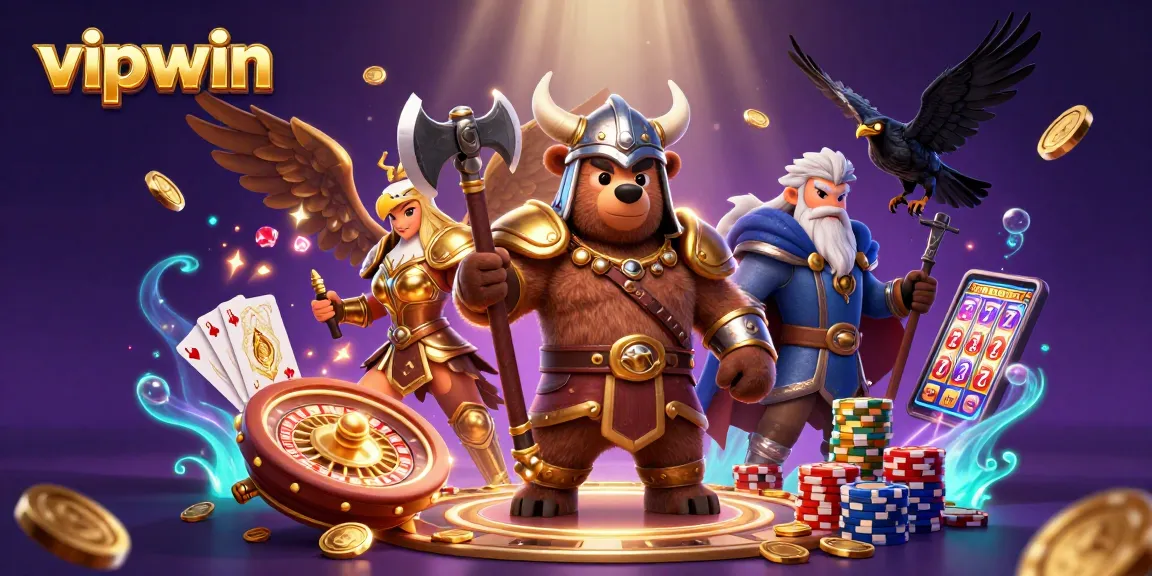 Experience the thrill of vipwin with dynamic gameplay featuring excited Viking characters and sparkling casino elements.