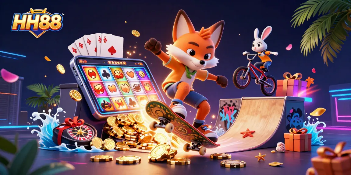 Engaging HH88 casino scene with vibrant cartoon characters, dynamic game elements, and energetic atmosphere.