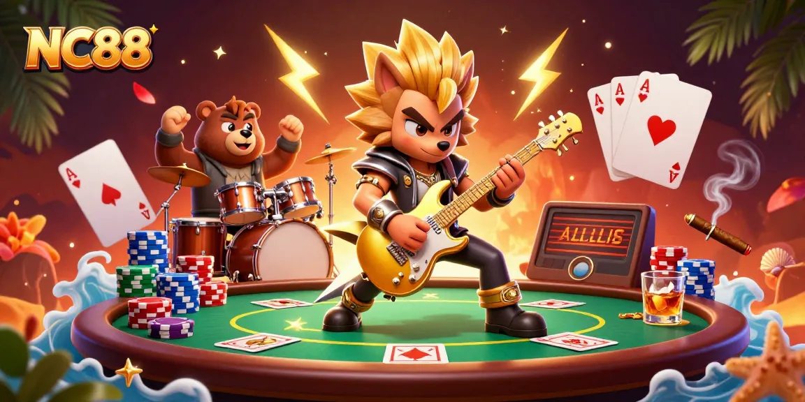 Experience thrilling action at NC88 with a dynamic gaming scene featuring rock star wolf and drummer bear.
