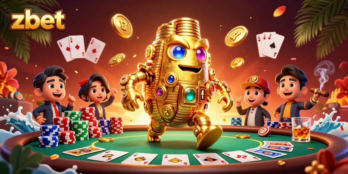 Experience the thrill of zbet casino gaming with vibrant poker elements and golden golem character.