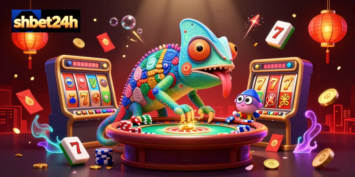 Experience the excitement of shbet24h with vibrant casino elements and a lively chameleon character.
