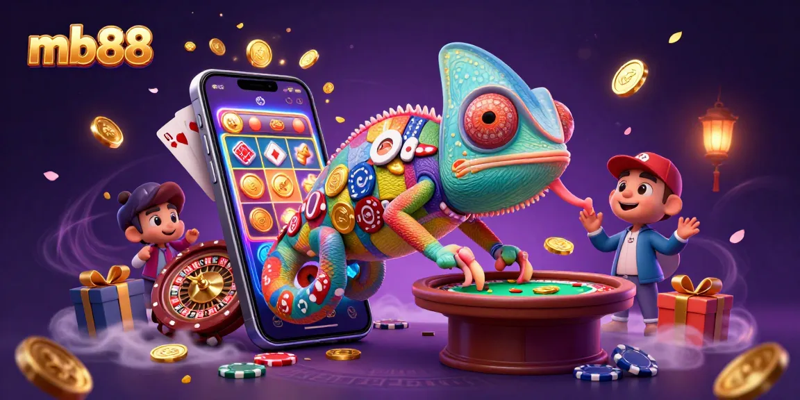 Engaging 3D scene of mb88, with a vibrant chameleon casino owner surrounded by slot games and golden coins.