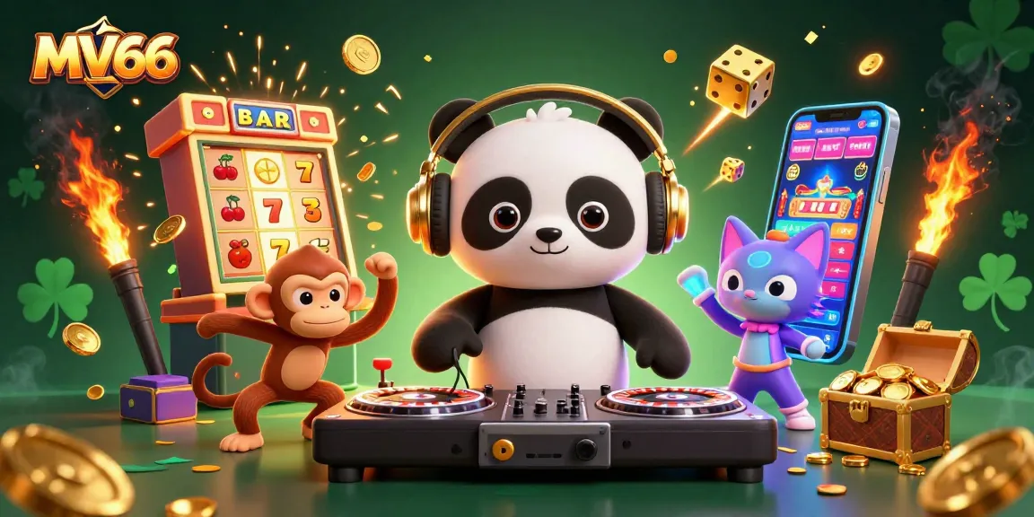 Join the excitement at MV66 with a vibrant 3D scene featuring a DJ panda, dancing monkey, and rave kitten amid a jackpot explosion.