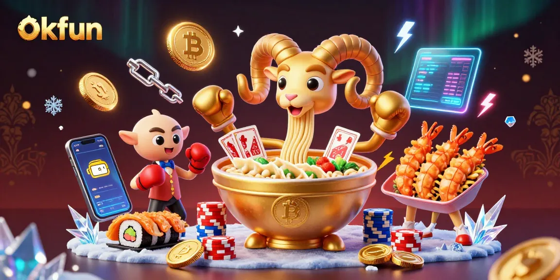 Engage in the lively world of okfun with a vibrant scene of 3D cartoon characters and crypto elements.