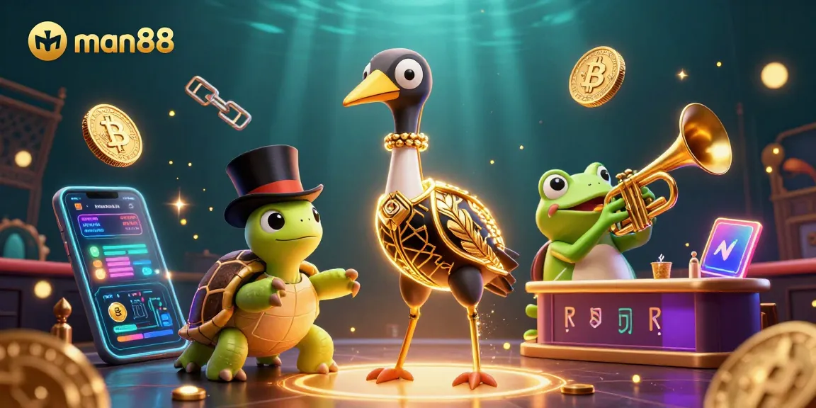 Experience man88 with vibrant characters at a crypto-themed speakeasy, blending classic charm and gambling action.