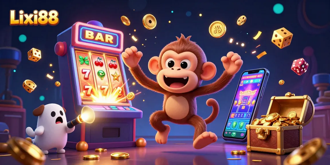 Lixi88 delights with dynamic casino visuals featuring a playful monkey and curious puppy in an ultra-detailed scene.