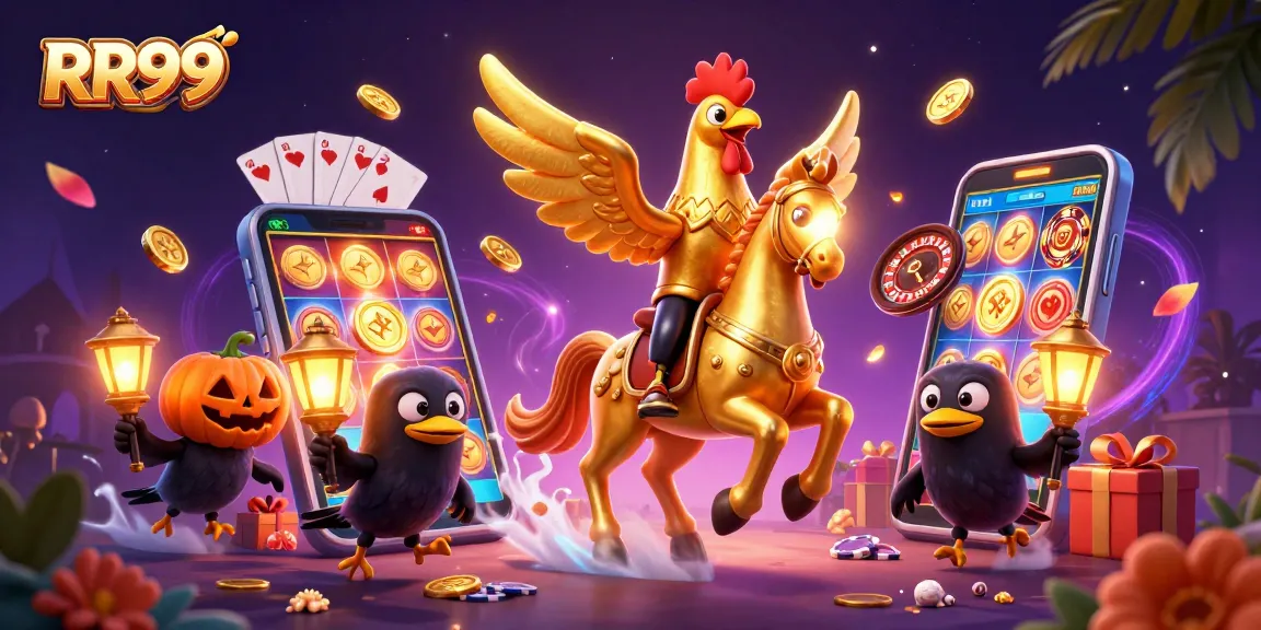 Engage with RR99's thrilling casino experience featuring a golden rooster in action!