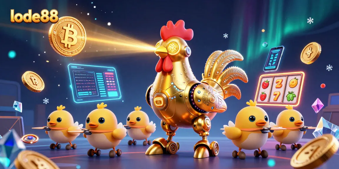 Lode88 unleashes thrilling slot gameplay, featuring dynamic retro-futuristic characters and vibrant casino elements.