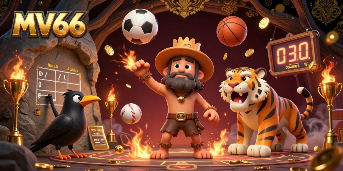 Experience thrilling MV66 casino action with a lively 3D cartoon scene of characters engaging in sports betting.