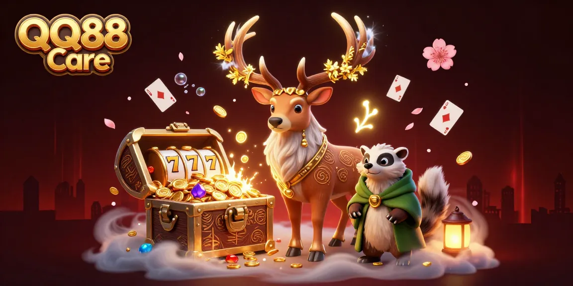 Engage in thrilling adventures with QQ88 Care, featuring a mystical scene of a druid stag and badger amidst treasures and slot elements.