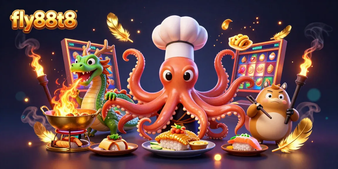 Engage with the vibrant fly88t8 slot scene featuring a chef octopus and dragon amid gold coins.