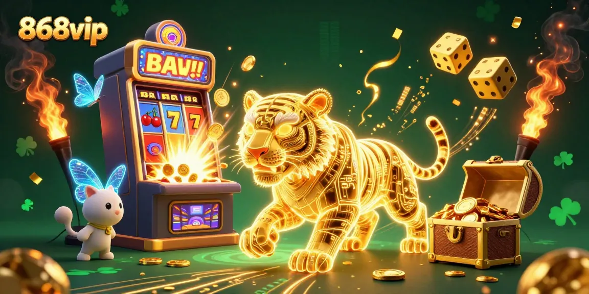 Spin to win big with 868vip as the golden tiger leads you through a vibrant digital casino atmosphere.