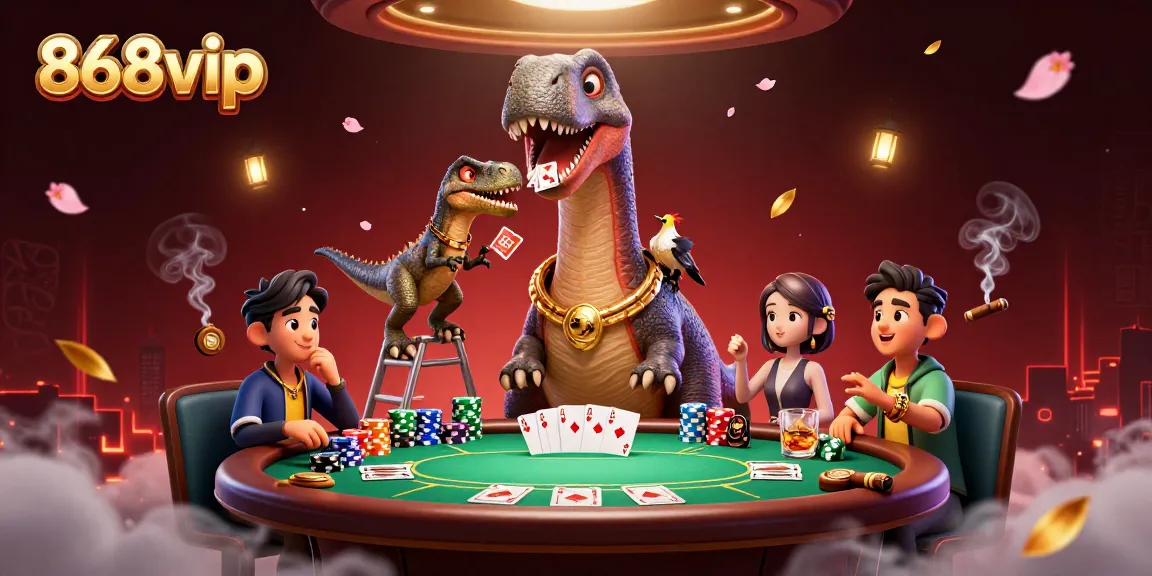 Engage in thrilling games at 868vip with dynamic poker action illustrated in a vibrant casino scene.