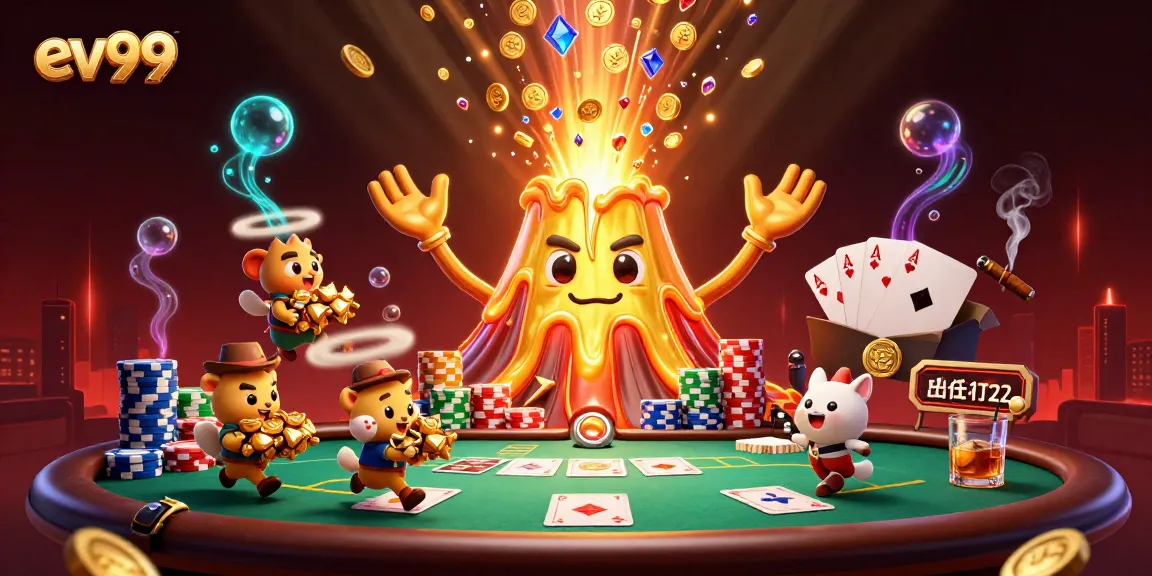 Experience the thrill of ev99 with a vibrant scene featuring treasure-filled volcanoes and poker elements.