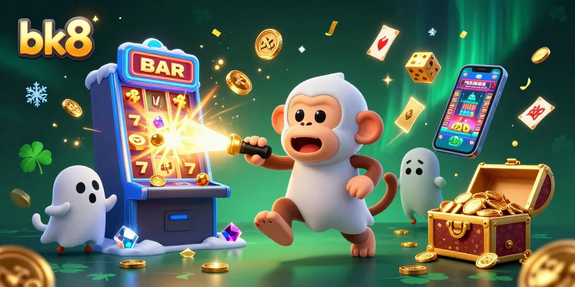 Experience thrilling gameplay at bk8, where a mischievous monkey juggles golden prizes in a lively casino atmosphere.