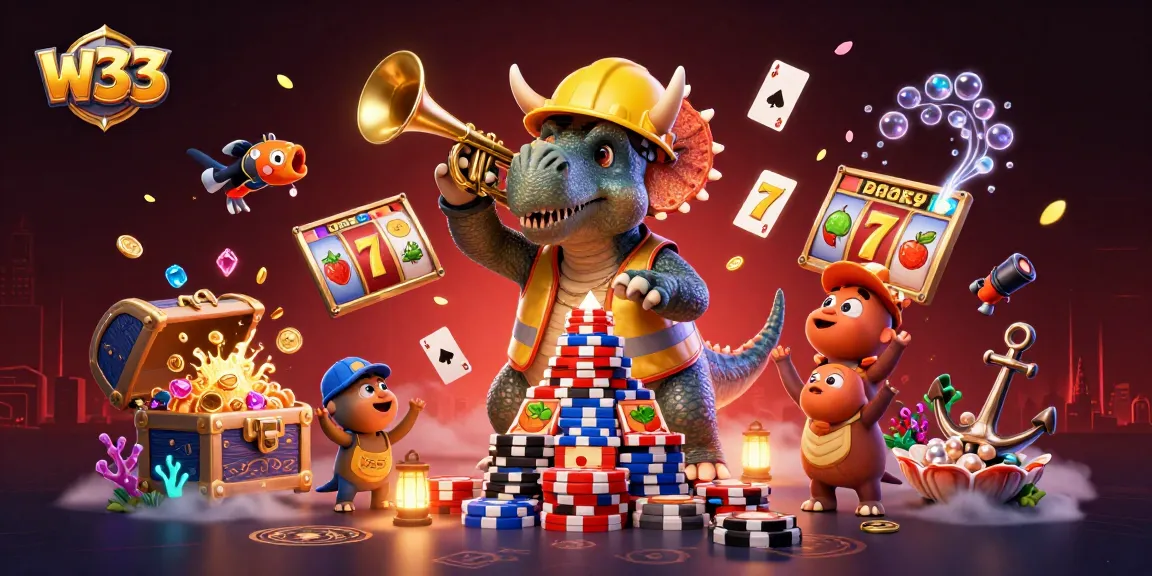 Join the excitement at w33 casino with a triumphant triceratops stacking poker chips.