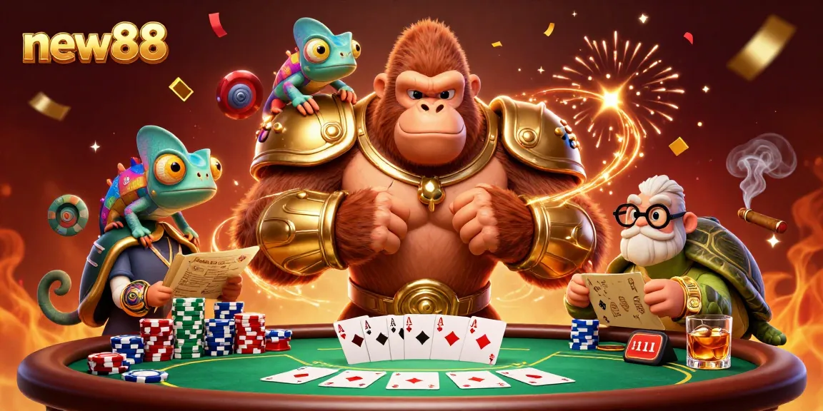 Join in the excitement at new88 with a vibrant casino scene featuring lively characters and poker elements.